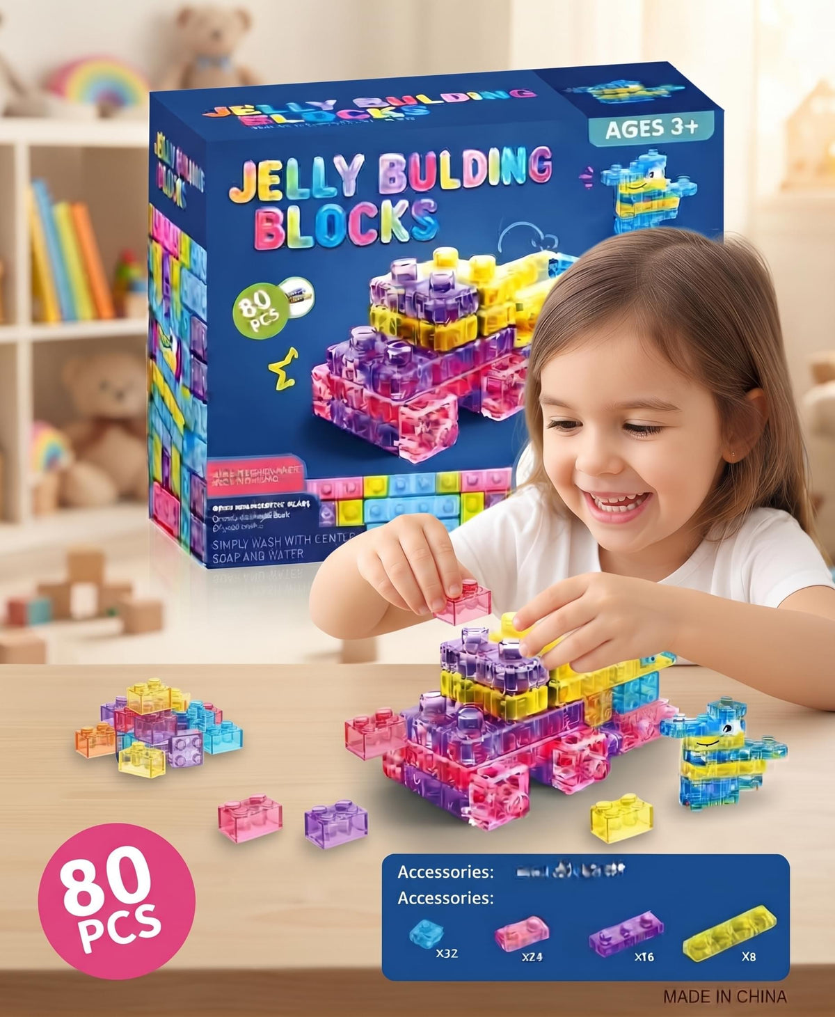 Jelly Building Blocks - Sensory Soft Gummy Building Blocks Educational Toy - 80 Pcs