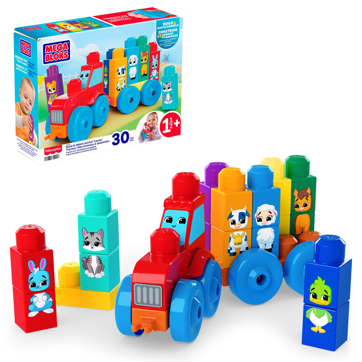 MEGA BLOKS First Builders Build & Match Animal Tractor – 30-Piece Set