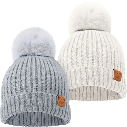 KeaBabies Pom Knitted Beanie – Cloud – 2 Pc Set