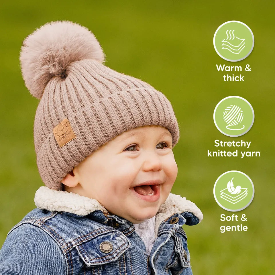 KeaBabies Pom Knitted Beanie – Fawn – 2 Pc Set