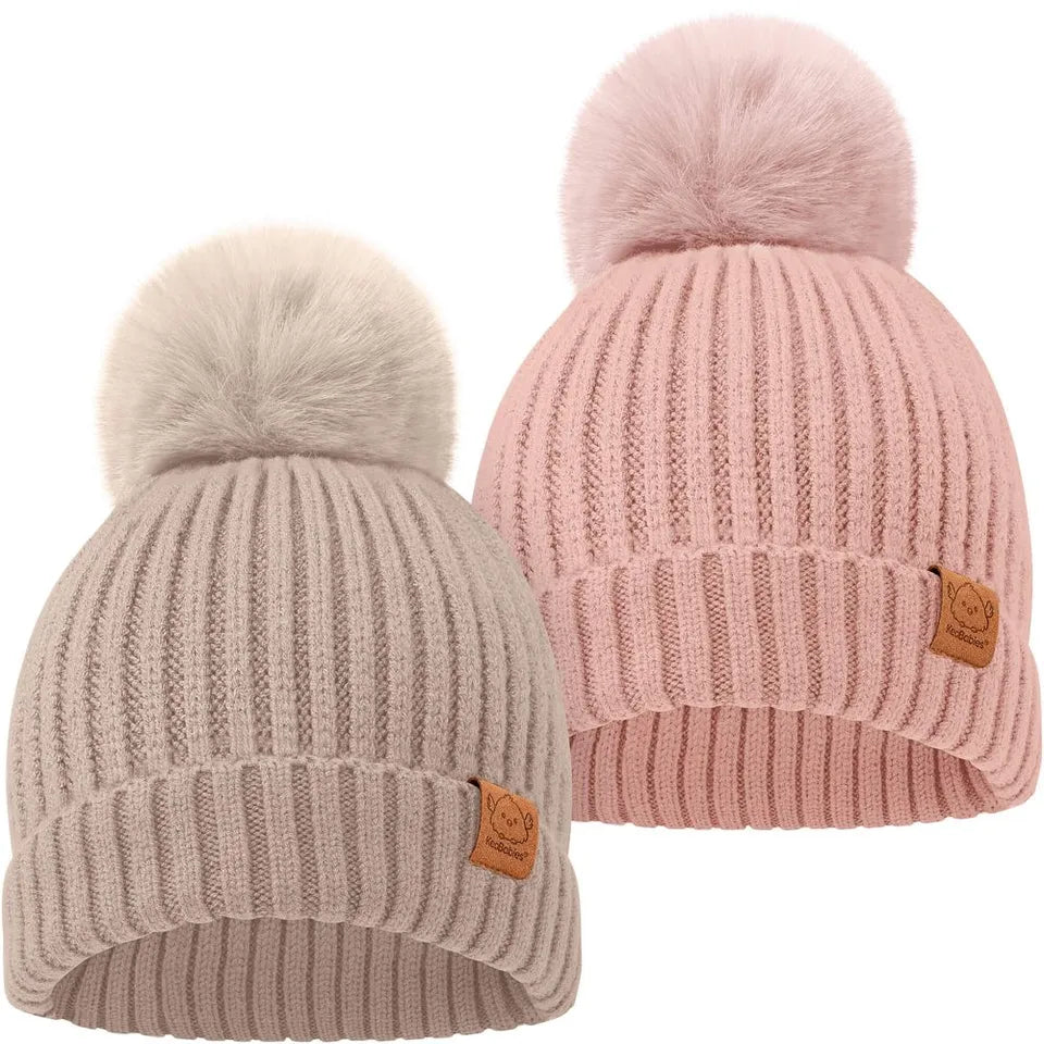 KeaBabies Pom Knitted Beanie – Fawn – 2 Pc Set