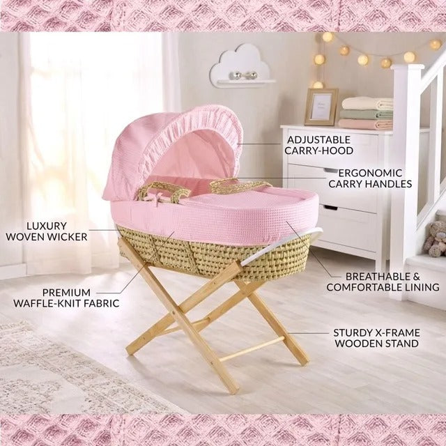 Kinder Valley Waffle Moses Basket with Folding Stand (Blush)