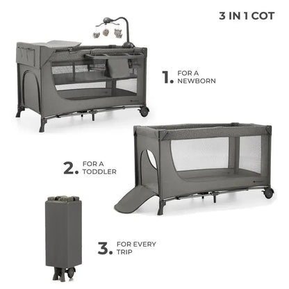 Kinderkraft JOY 2 3-in-1 Folding Travel Cot Bed – Dark Grey