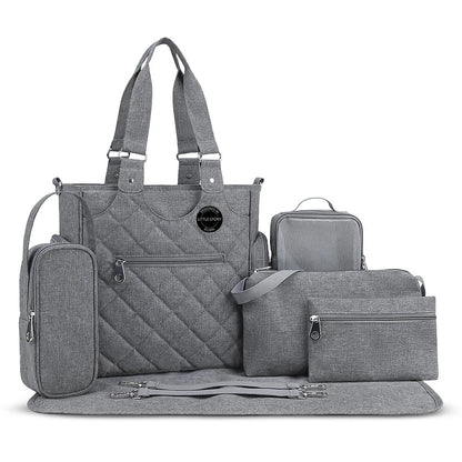 Little Story Set of 7 Quilted Diaper Bag with Stroller Straps and Changing Mat
