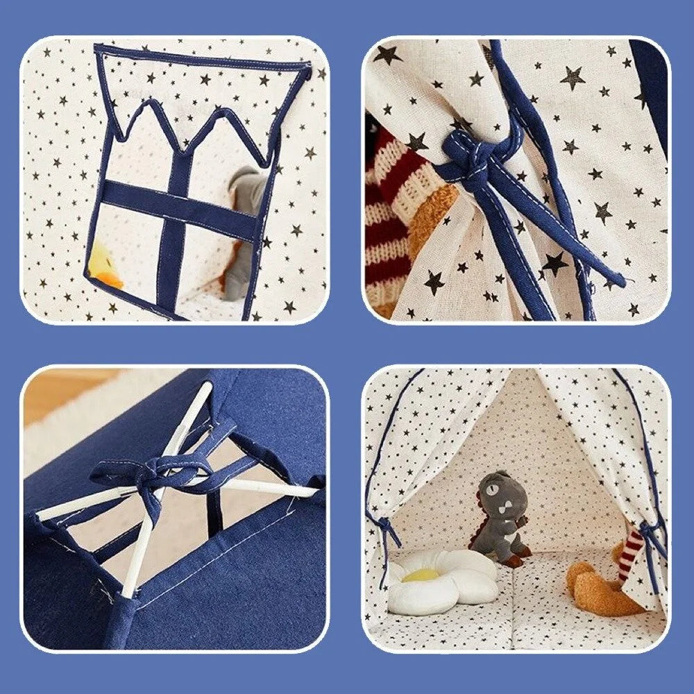 Little Story Foldable Teepee Playpen Canvas Tent Hut Play House (Blue)