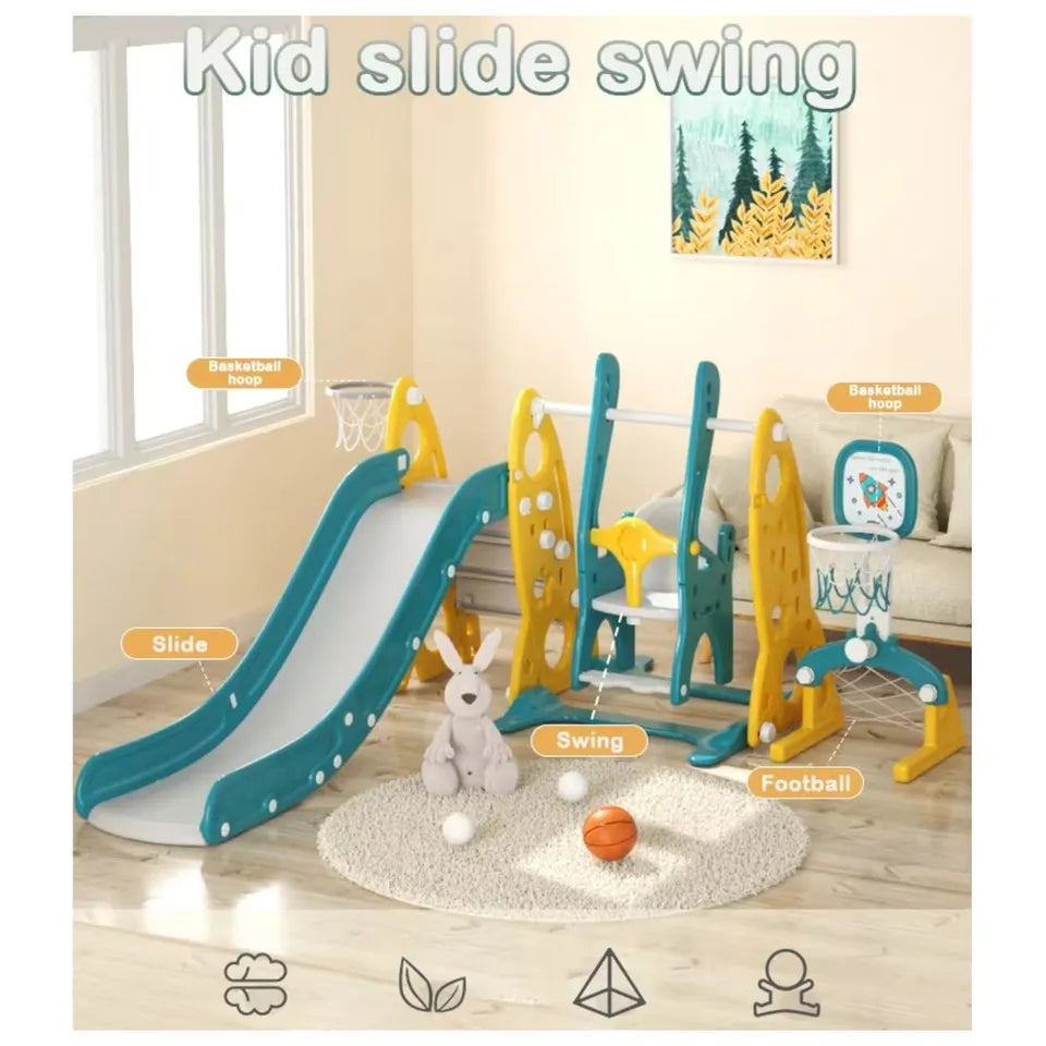 Little Angel Kids Slide, Swing, Basketball & Football 4-in-1 Activity Playset – Green.