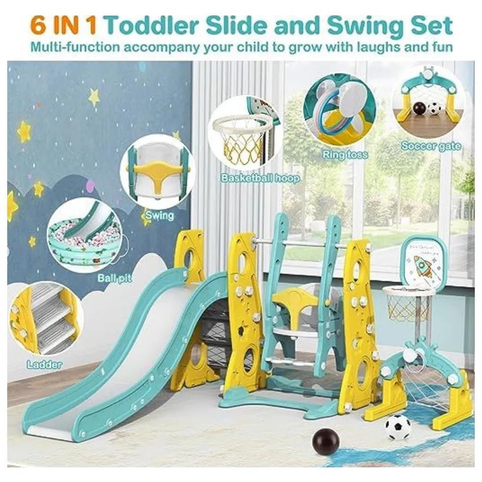 Little Angel Kids Slide, Swing, Basketball & Football 4-in-1 Activity Playset – Green.