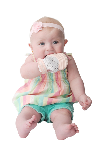 Munch Mitt Teething Mitten - Hearts - Pastel Pink.