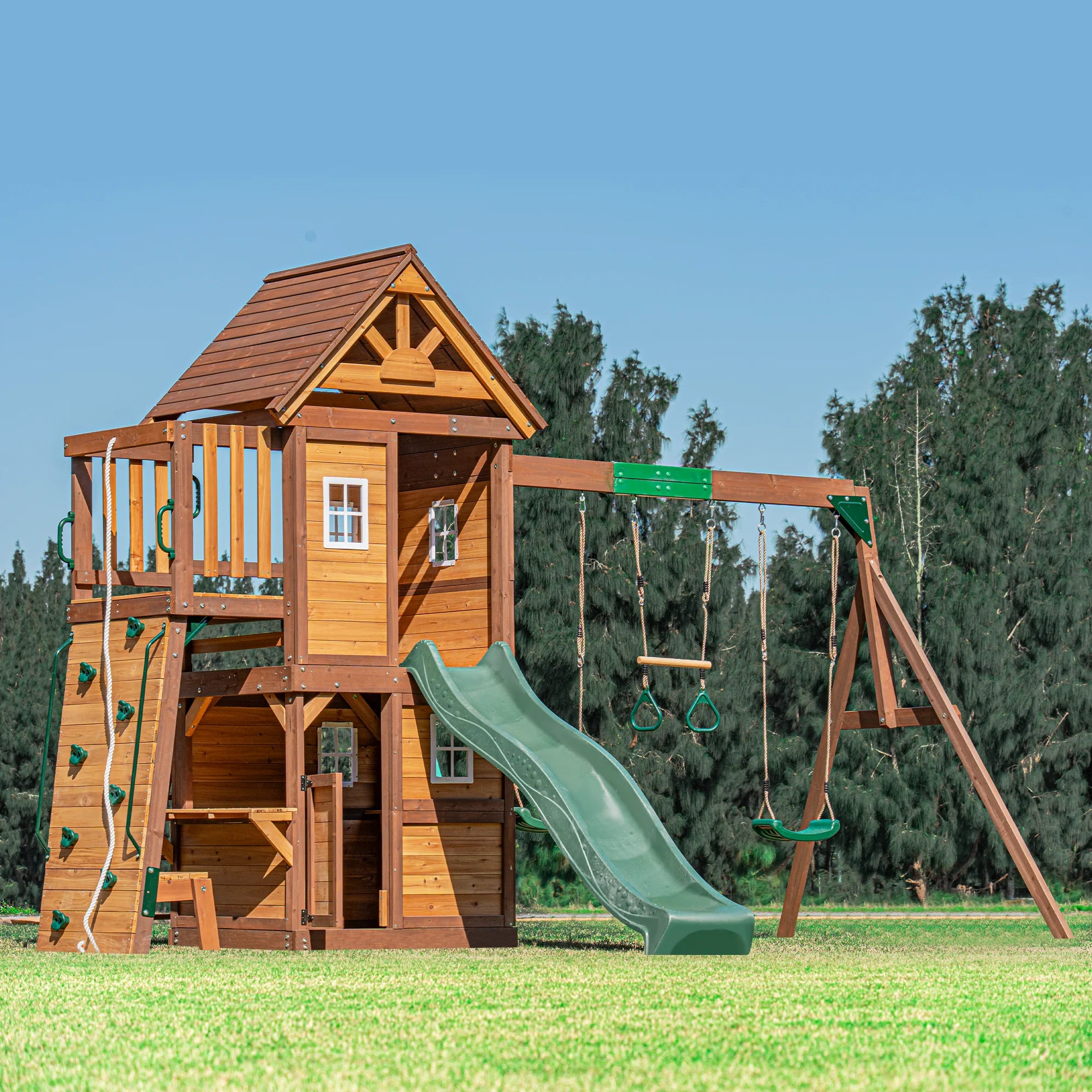 Mountpeak Kazbek Wooden Swing Set & Two-Level Playhouse with Roof