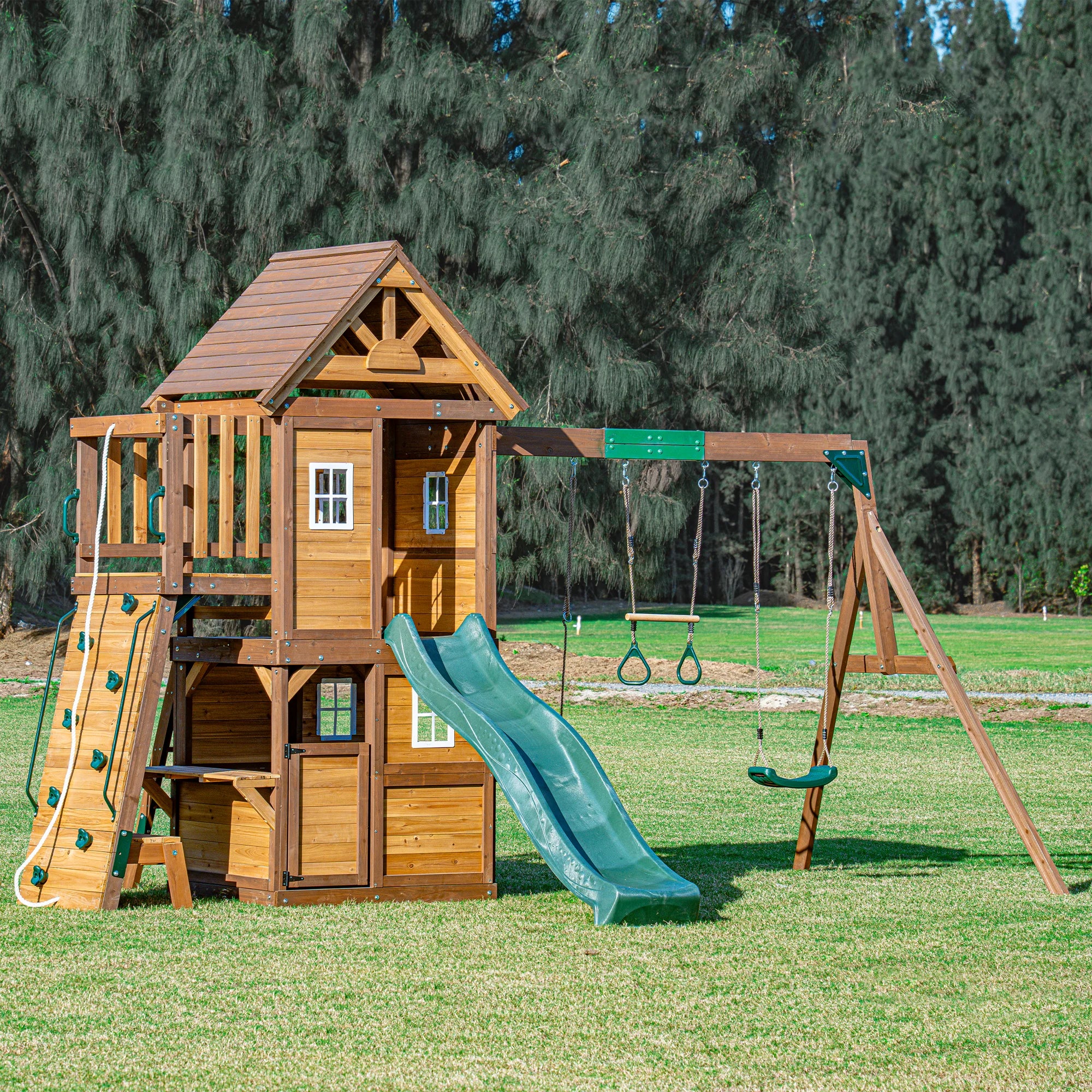 Mountpeak Kazbek Wooden Swing Set & Two-Level Playhouse with Roof