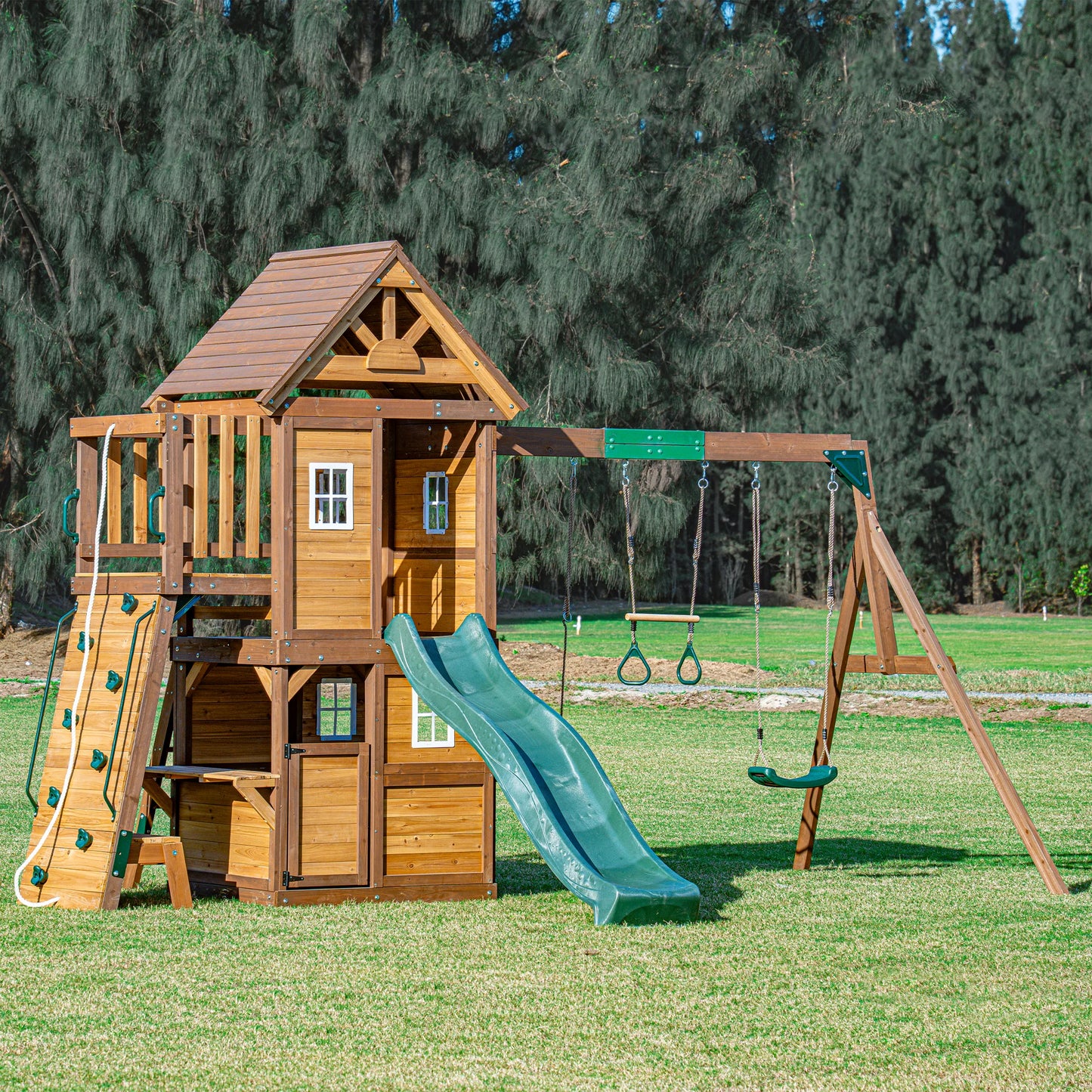 Mountpeak Kazbek Wooden Swing Set & Two-Level Playhouse with Roof