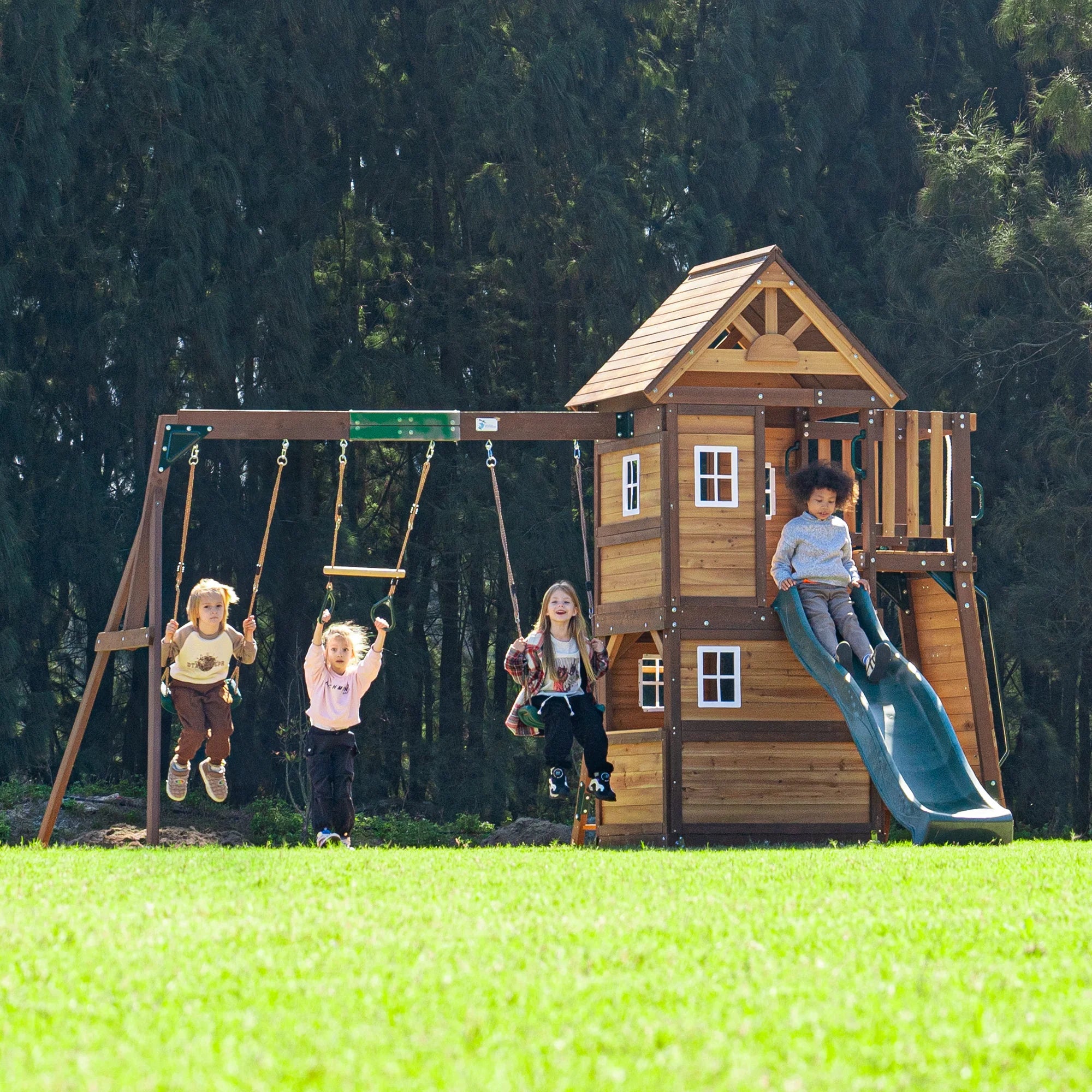 Mountpeak Kazbek Wooden Swing Set & Two-Level Playhouse with Roof