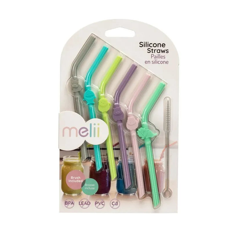Melii Silicone Straws with Animals Clip Design & Cleaning Brush (6 Pcs)