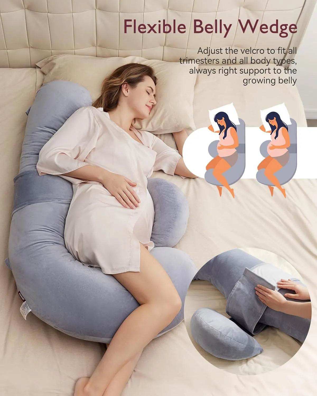 Momcozy Original F-Shaped Adjustable Maternity Pillow (Velvet-Grey)