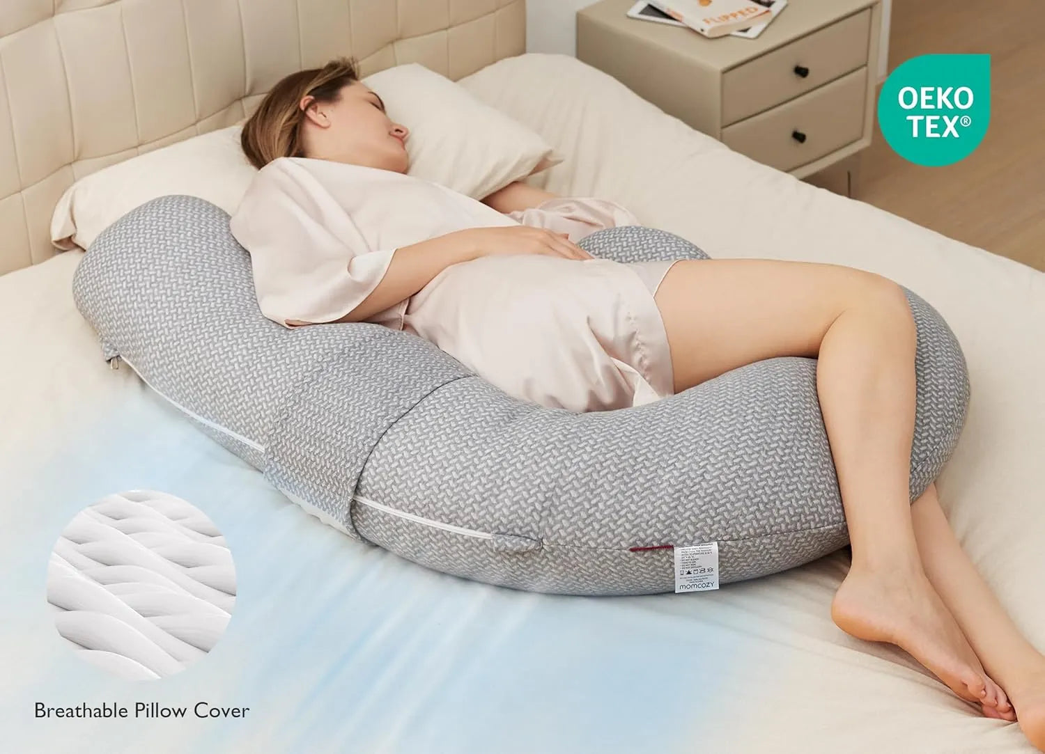 Momcozy F-Shaped Pregnancy Pillow with Air Layer Cover