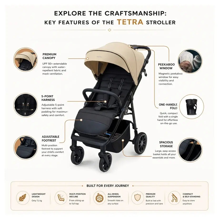 Neobreez Tetra Pushchair Stroller with Cup Holder – Beige/Black