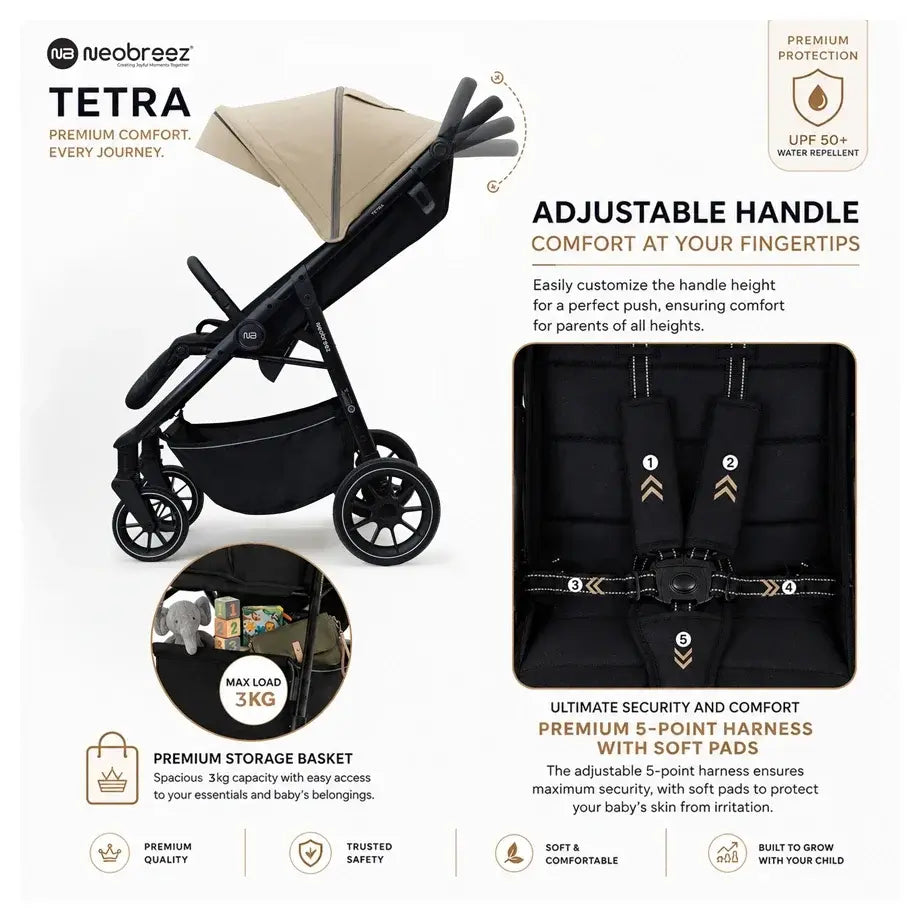 Neobreez Tetra Pushchair Stroller with Cup Holder – Beige/Black