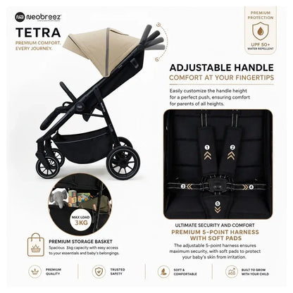 Neobreez Tetra Pushchair Stroller with Cup Holder – Beige/Black