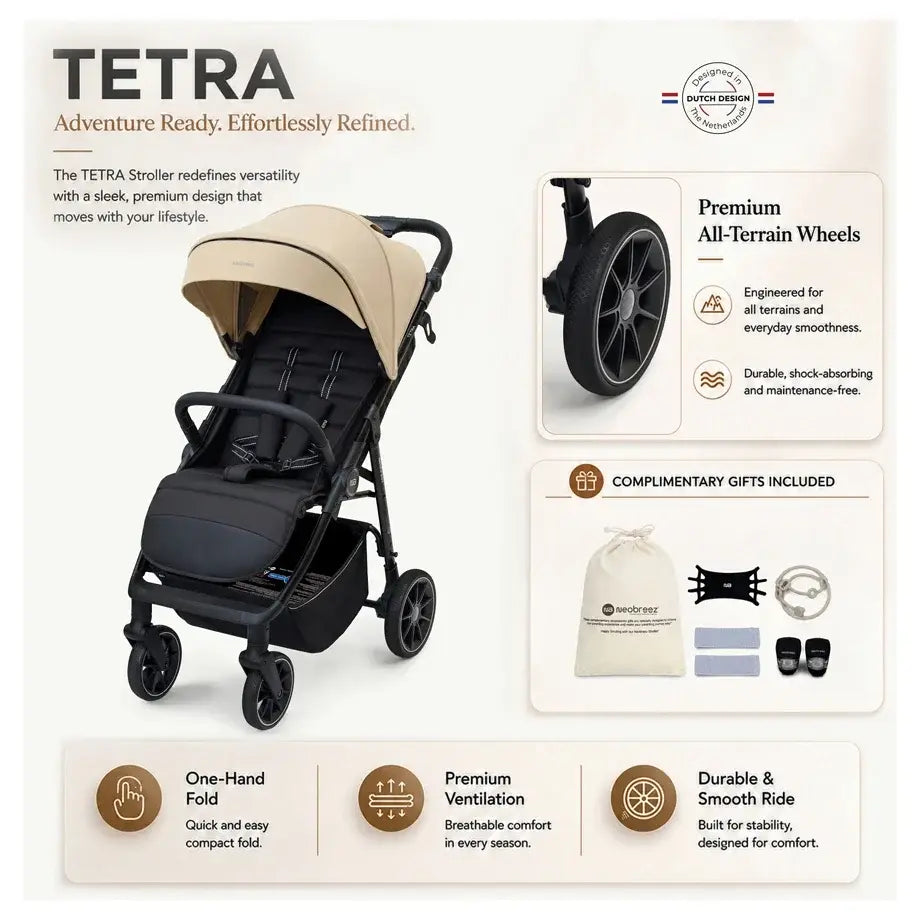 Neobreez Tetra Pushchair Stroller with Cup Holder – Beige/Black
