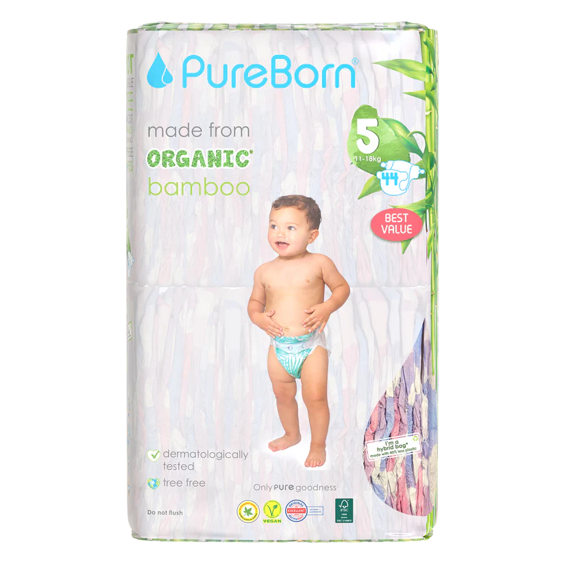 PureBorn Organic Bamboo Nappies, Size 5