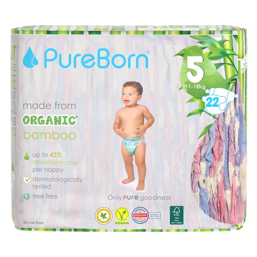 PureBorn Organic Bamboo Nappies, Size 5