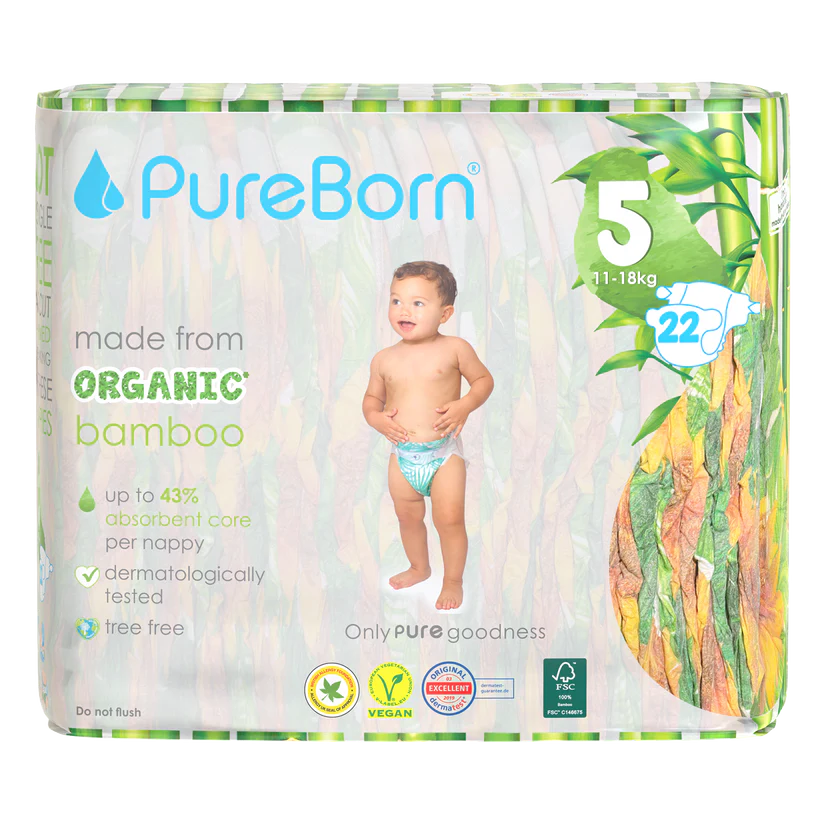 PureBorn Organic Bamboo Nappies, Size 5