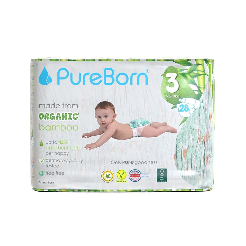 PureBorn Organic Bamboo Nappies - Size 3 - Single Pack 28's / Double Pack 56's