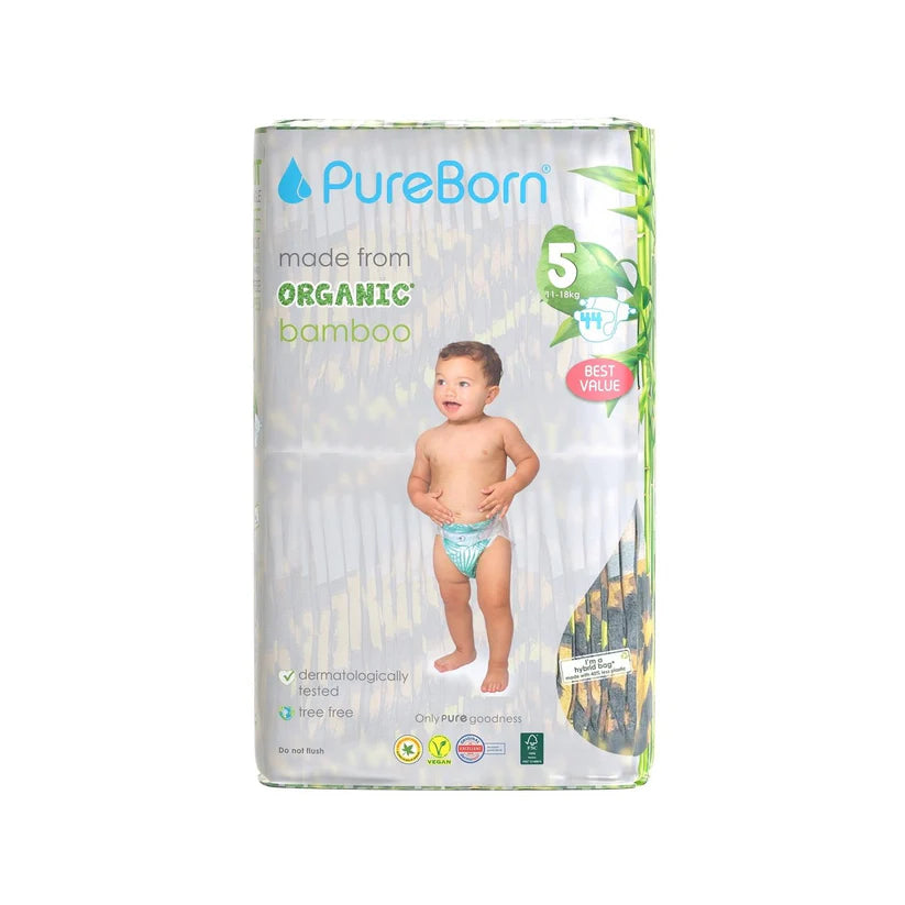 PureBorn Organic Bamboo Nappies, Size 5