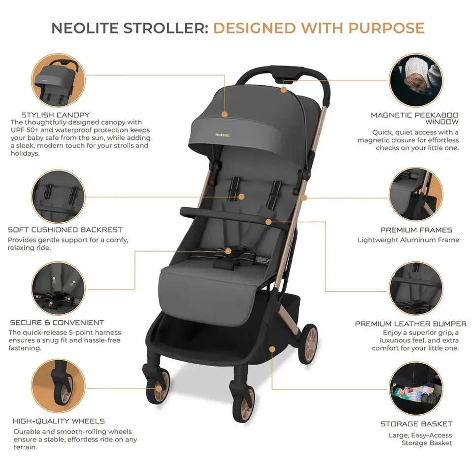 Neobreez Neolite Compact Cabin Travel Stroller – Grey/Gold