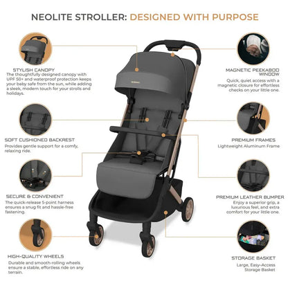 Neobreez Neolite Compact Cabin Travel Stroller – Grey/Gold