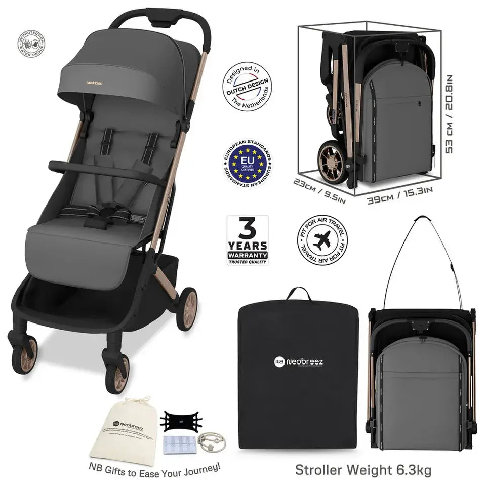 Neobreez Neolite Compact Cabin Travel Stroller – Grey/Gold