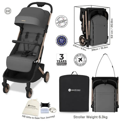 Neobreez Neolite Compact Cabin Travel Stroller – Grey/Gold