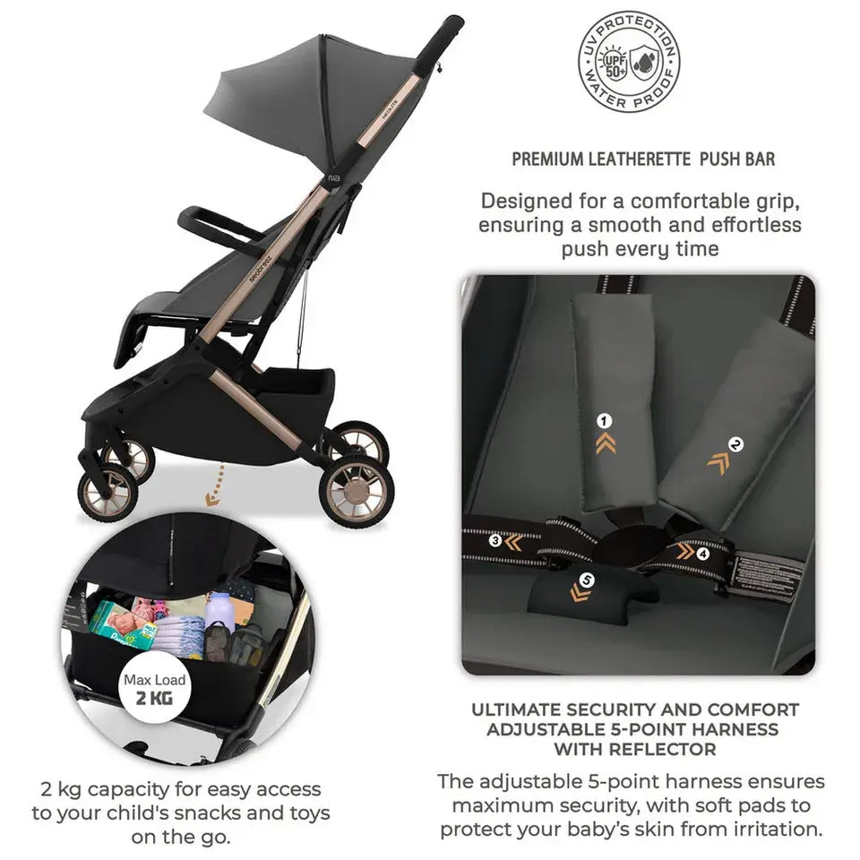 Neobreez Neolite Compact Cabin Travel Stroller – Grey/Gold