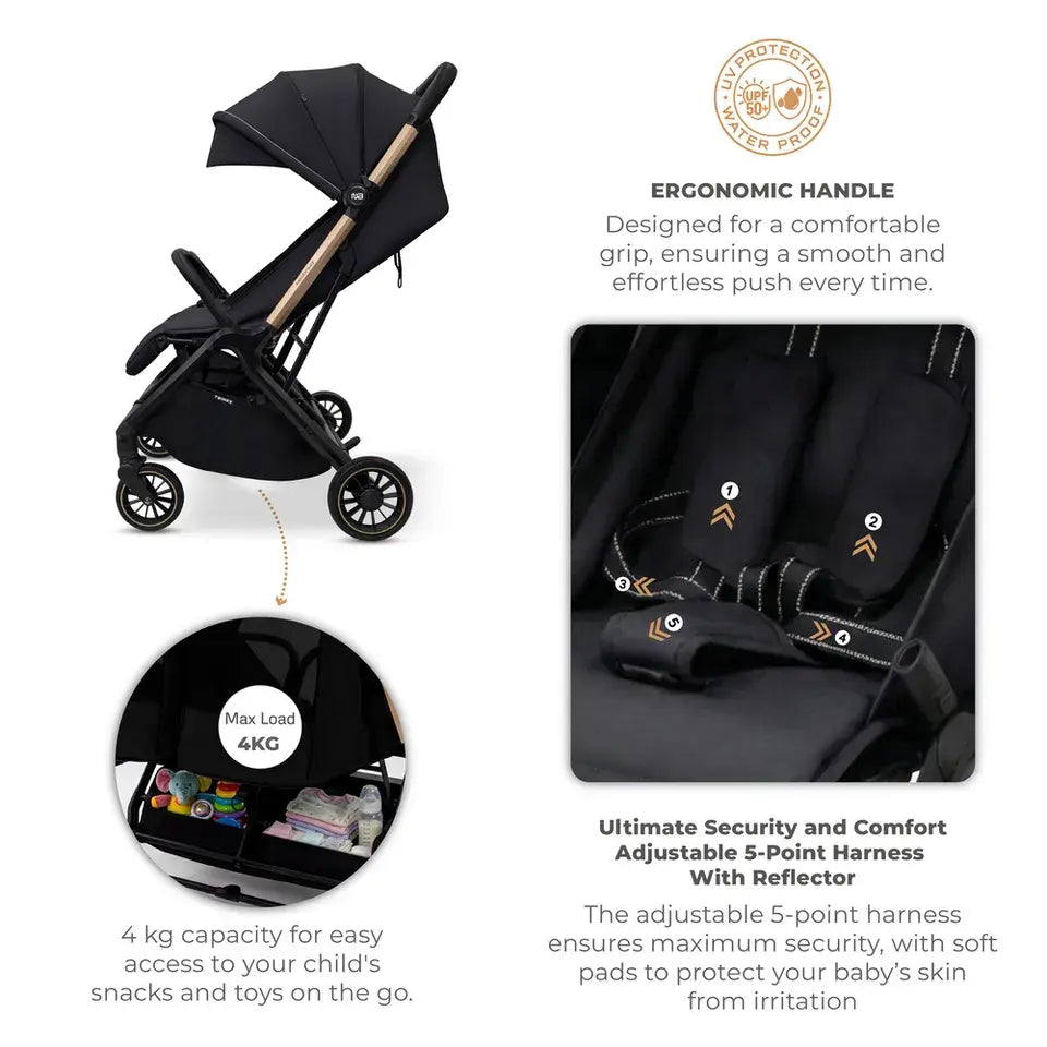 Neobreez Twinex Auto Fold Double Stroller – Compact Twin Stroller