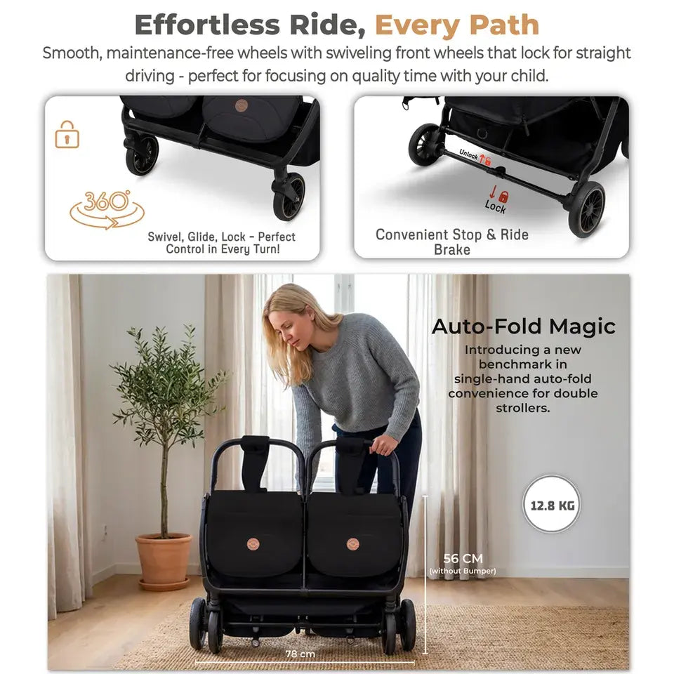 Neobreez Twinex Auto Fold Double Stroller – Compact Twin Stroller