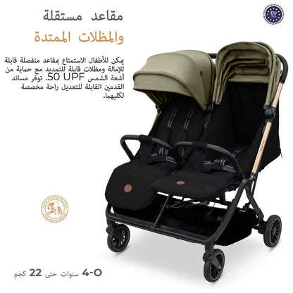 Neobreez Twinex Auto Fold Double Stroller – Compact Twin Stroller (Beige/Black)