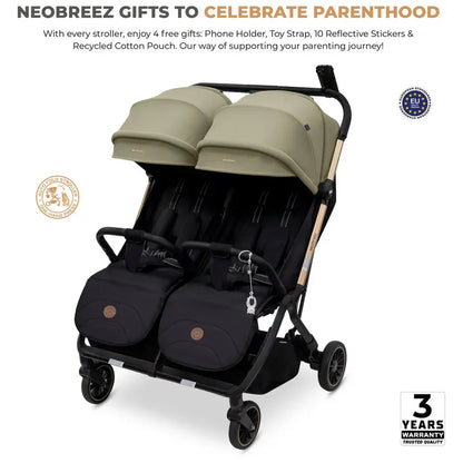 Neobreez Twinex Auto Fold Double Stroller – Compact Twin Stroller (Beige/Black)