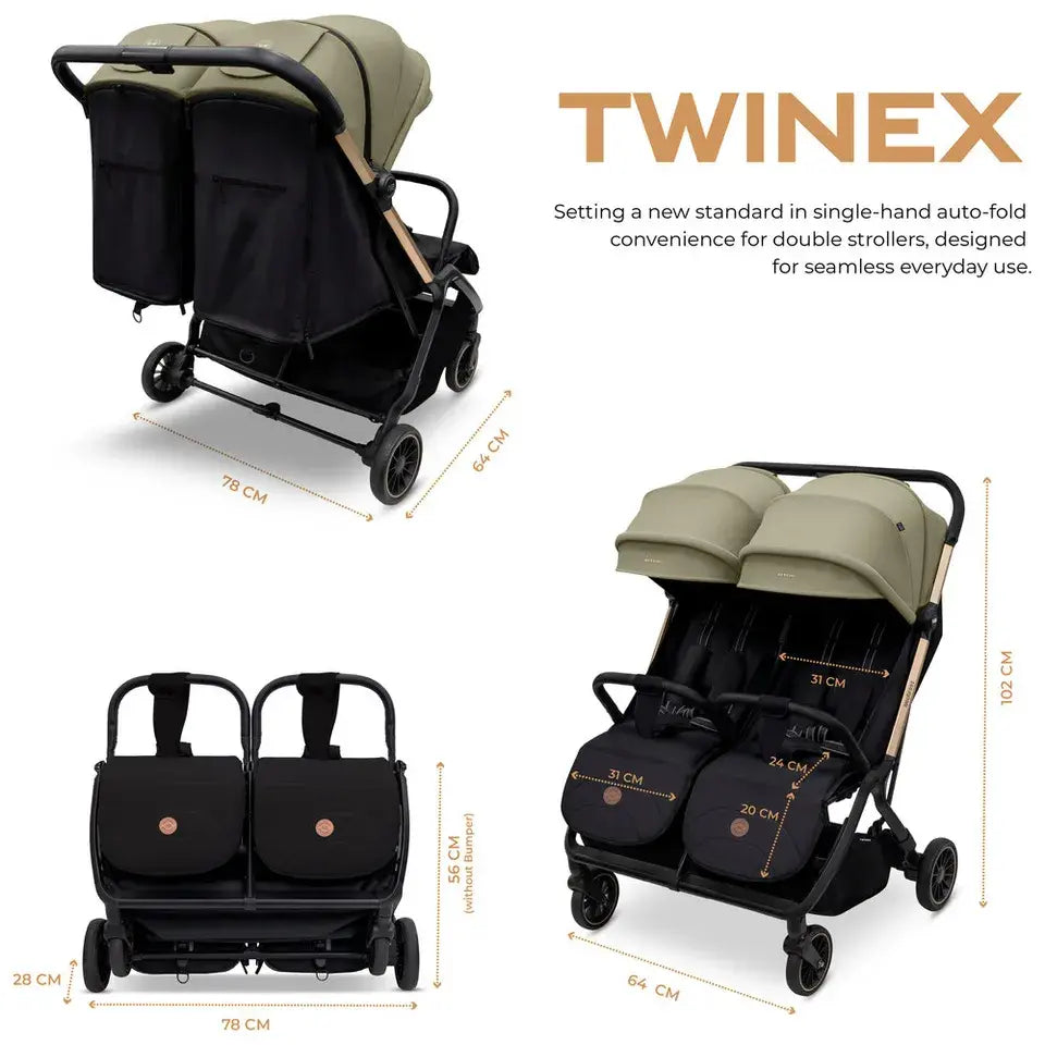 Neobreez Twinex Auto Fold Double Stroller – Compact Twin Stroller (Beige/Black)