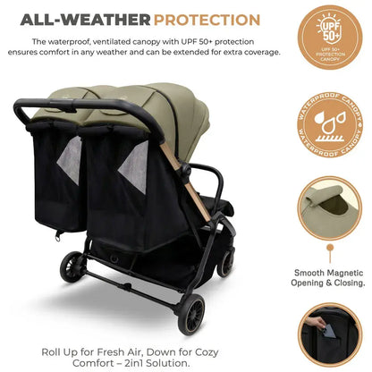 Neobreez Twinex Auto Fold Double Stroller – Compact Twin Stroller (Beige/Black)