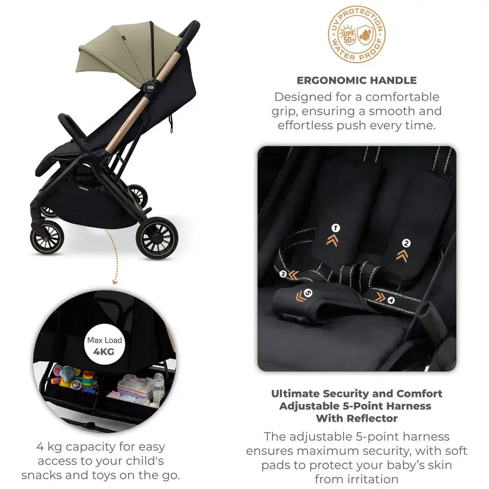 Neobreez Twinex Auto Fold Double Stroller – Compact Twin Stroller (Beige/Black)