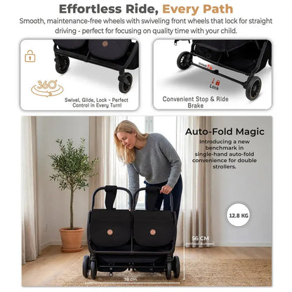Neobreez Twinex Auto Fold Double Stroller – Compact Twin Stroller (Beige/Black)