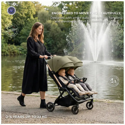 Neobreez Twinex Auto Fold Double Stroller – Compact Twin Stroller (Beige/Black)