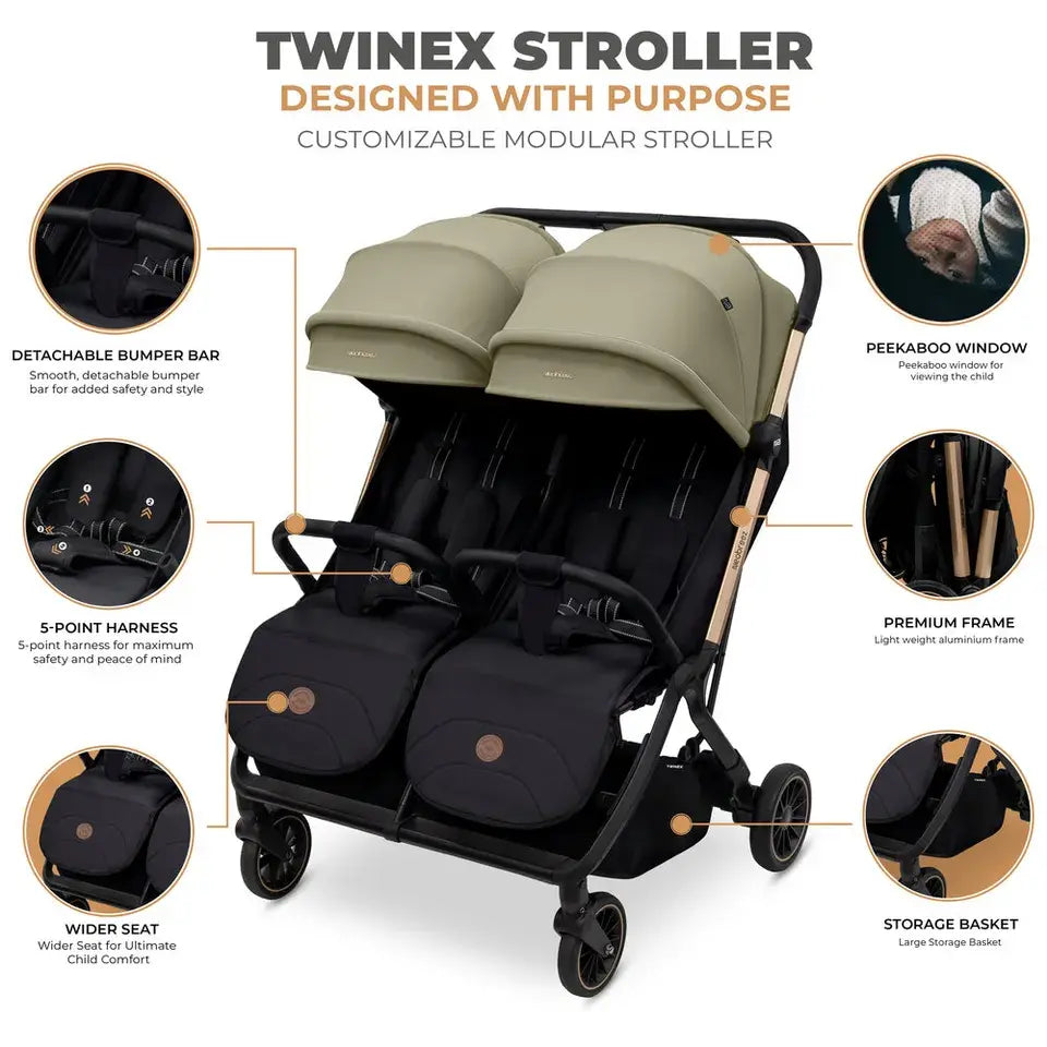 Neobreez Twinex Auto Fold Double Stroller – Compact Twin Stroller (Beige/Black)