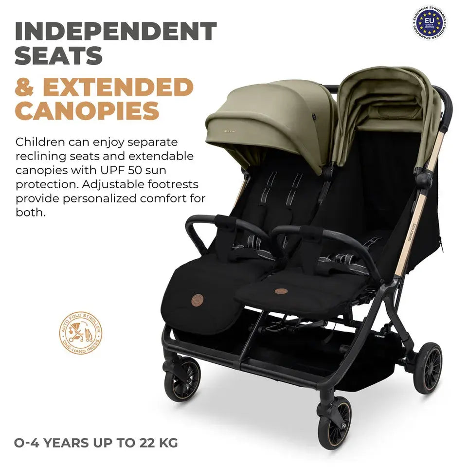 Neobreez Twinex Auto Fold Double Stroller – Compact Twin Stroller (Beige/Black)
