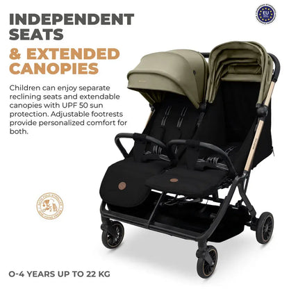 Neobreez Twinex Auto Fold Double Stroller – Compact Twin Stroller (Beige/Black)