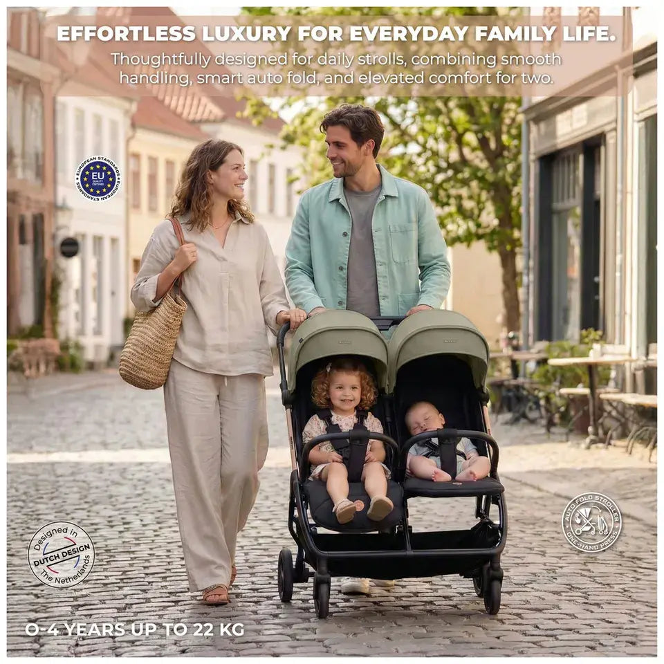 Neobreez Twinex Auto Fold Double Stroller – Compact Twin Stroller (Beige/Black)