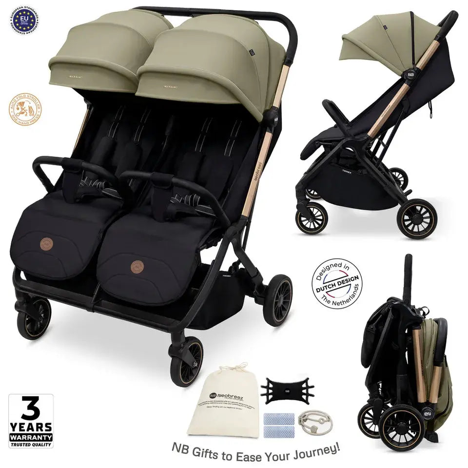 Neobreez Twinex Auto Fold Double Stroller – Compact Twin Stroller (Beige/Black)
