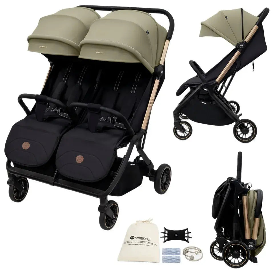 Neobreez Twinex Auto Fold Double Stroller – Compact Twin Stroller (Beige/Black)