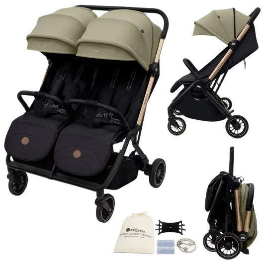 Neobreez Twinex Auto Fold Double Stroller – Compact Twin Stroller (Beige/Black)