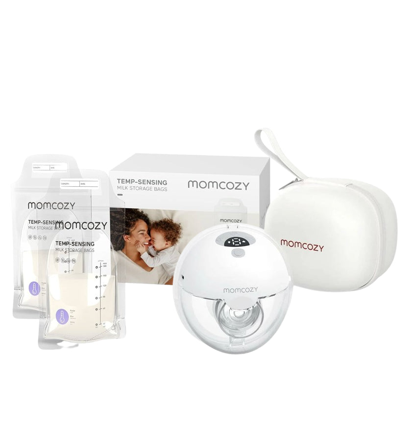 شفاط حليب الثدي القابل للارتداء Momcozy M5 (رمادي) + أكياس حفظ حليب الأم من Momcozy - 50 قطعة